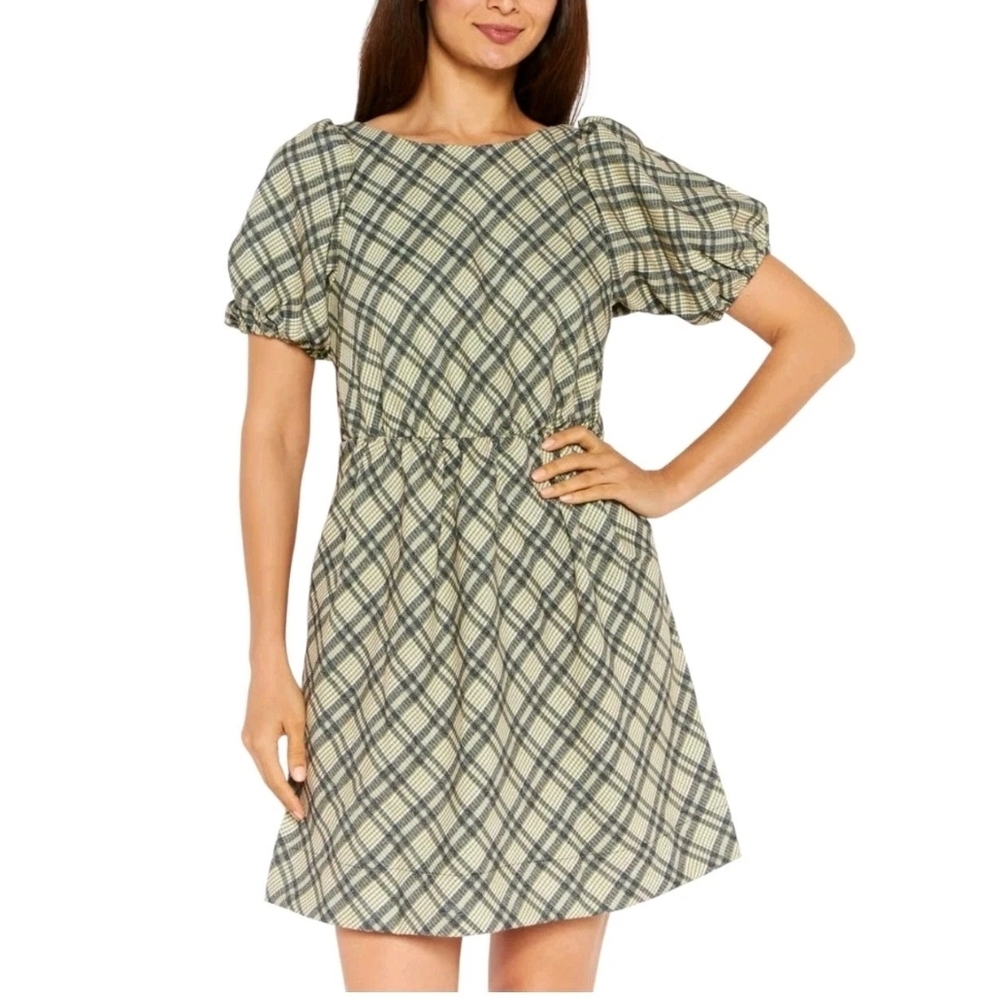 Line & Dot Lisa Olive Green Plaid Open Back Puff Sleeve Mini Dress Womens Siz M